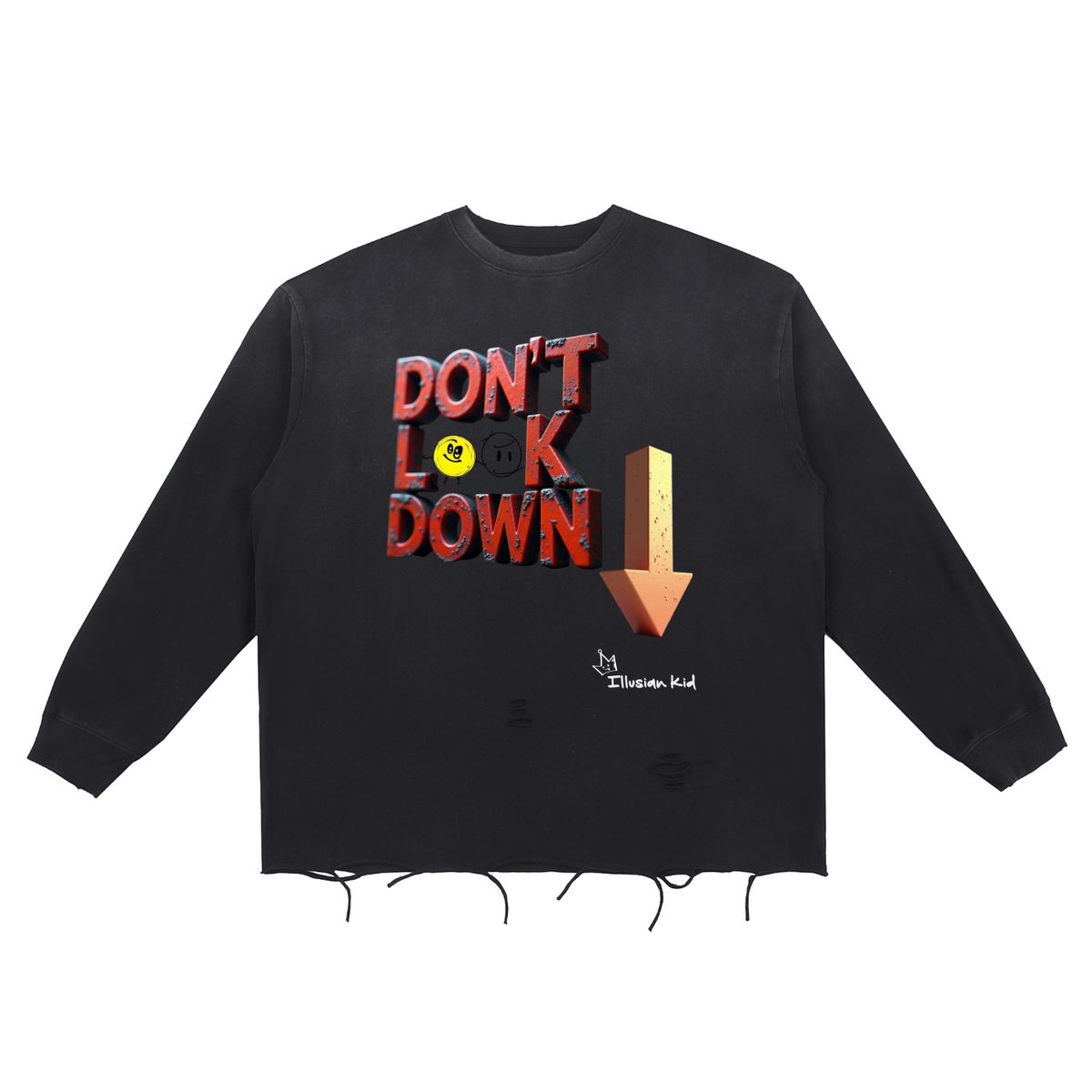 Don't Look Down, Long Sleeve Snow Wash Raw Edge Cotton T-Shirt