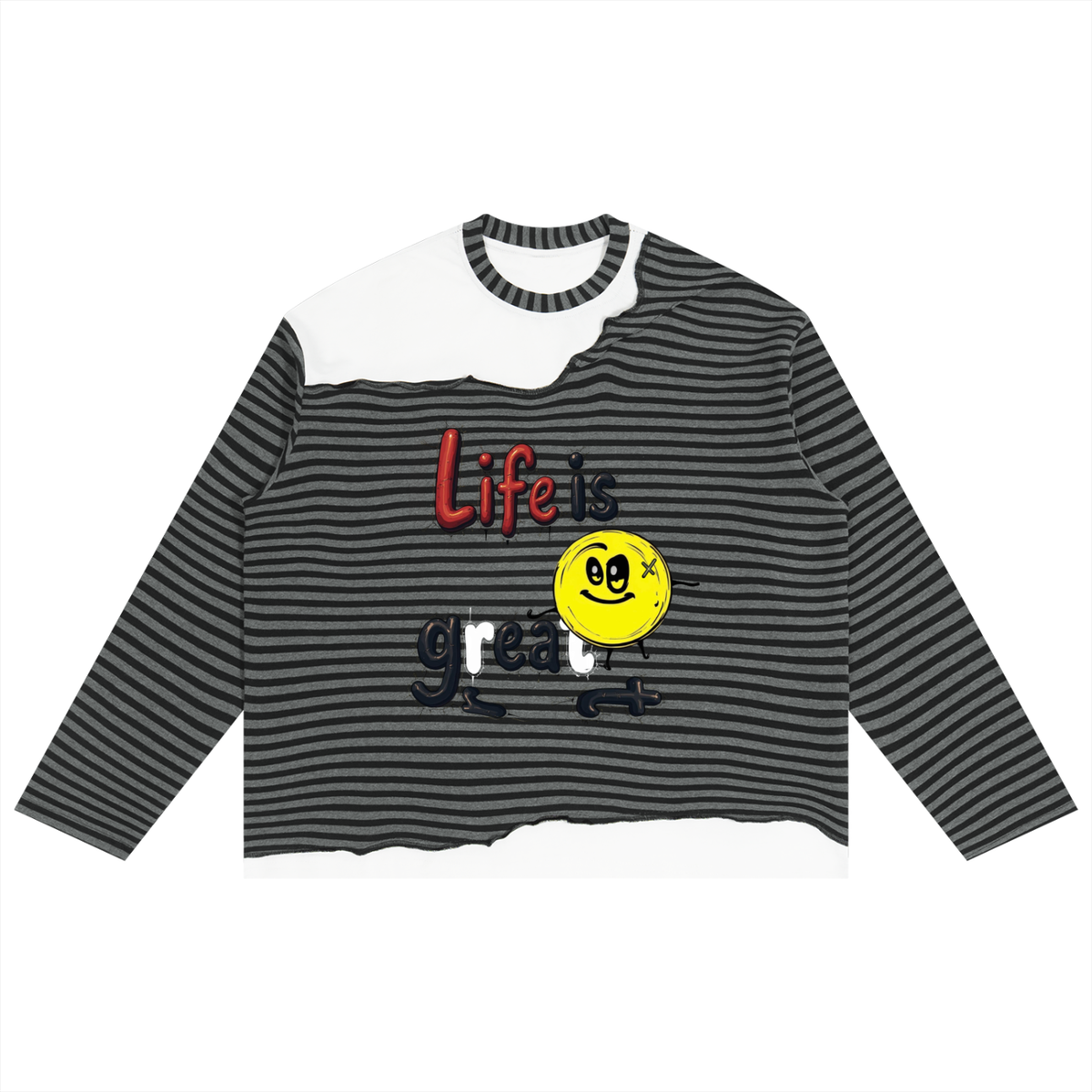 Life Is Great, Unisex Striped Panel Boxy Long Sleeve T-Shirt