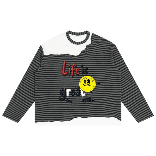 Life Is Great, Unisex Striped Panel Boxy Long Sleeve T-Shirt